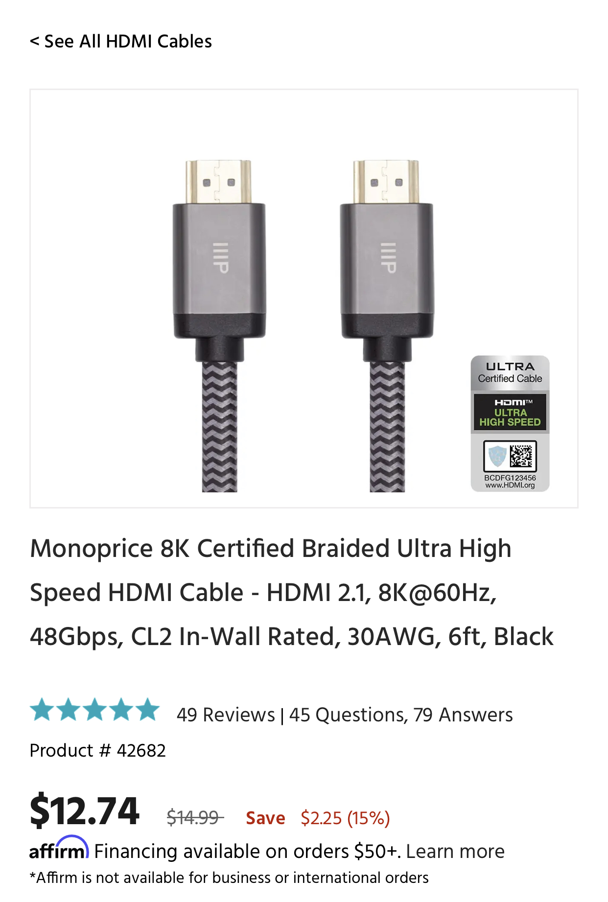 Monoprice 8K Certified Braided Ultra High Speed HDMI Cable - HDMI