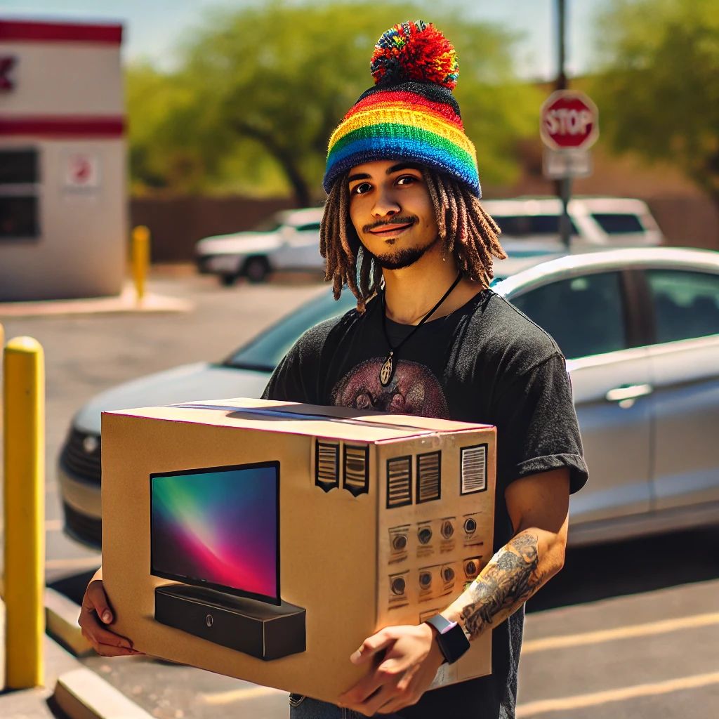 DALL·E 2024-08-29 13.02.07 - A person standing outdoors in a parking lot, holding a large box....jpg