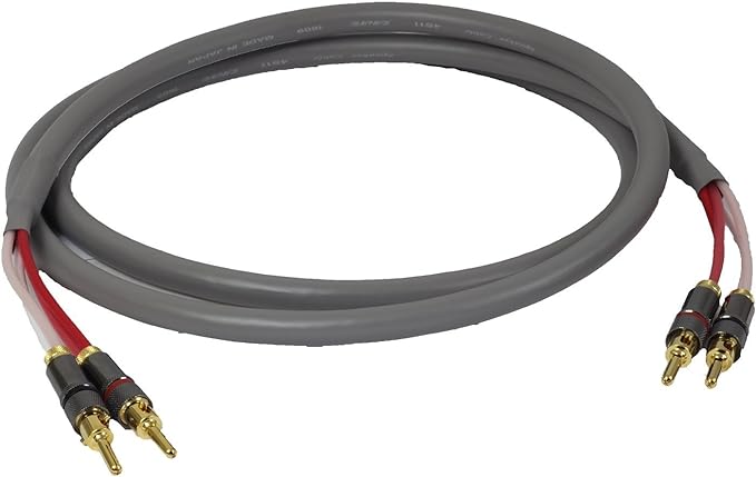 Blue Jeans Cable Canare 4S11 Speaker Cable, with Welded Locking Bananas, Conventional (Non-Bi-Wire) Terminations, Grey Jacket, 10 Foot (Single Cable - for one Speaker); Assembled in The USA
